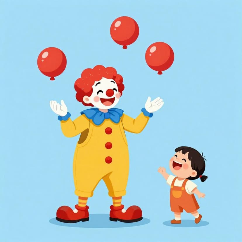 A friendly clown in a colorful suit performing a juggling act with three bright balls for a smiling child.