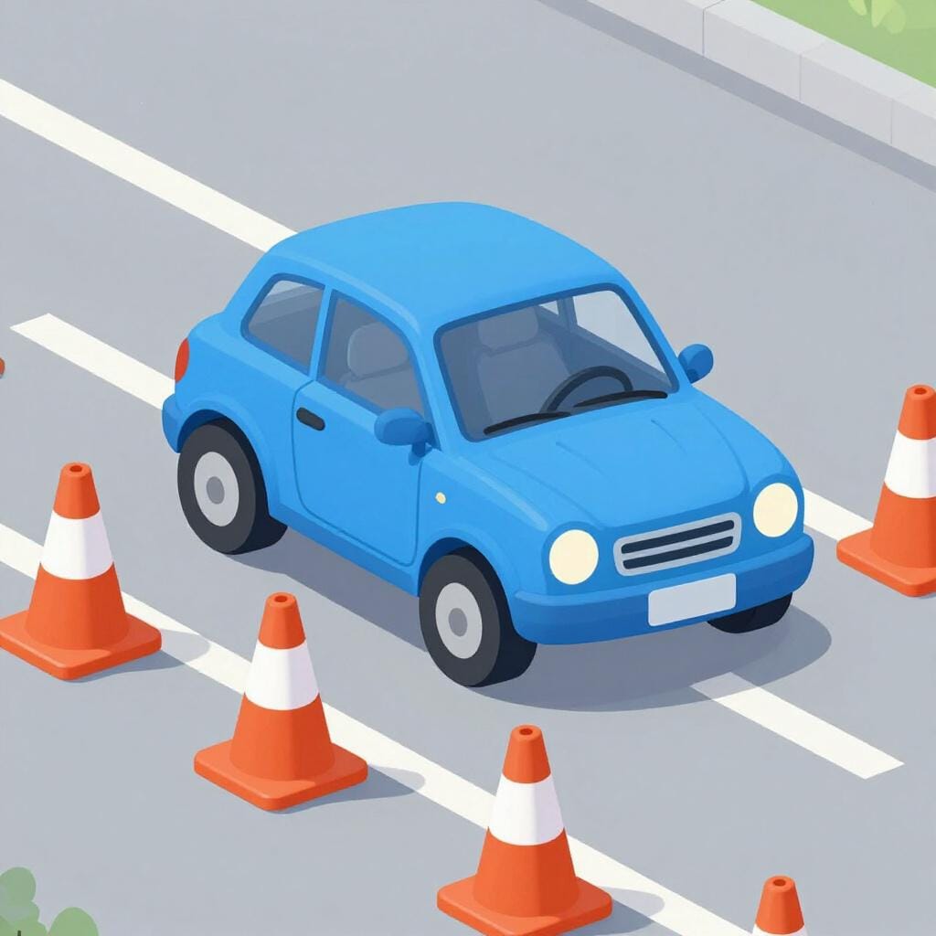 Ein kleiner blauer PKW, der vorsichtig durch eine Reihe von leuchtend orangen Pylonen auf einer grauen Straße lenkt.