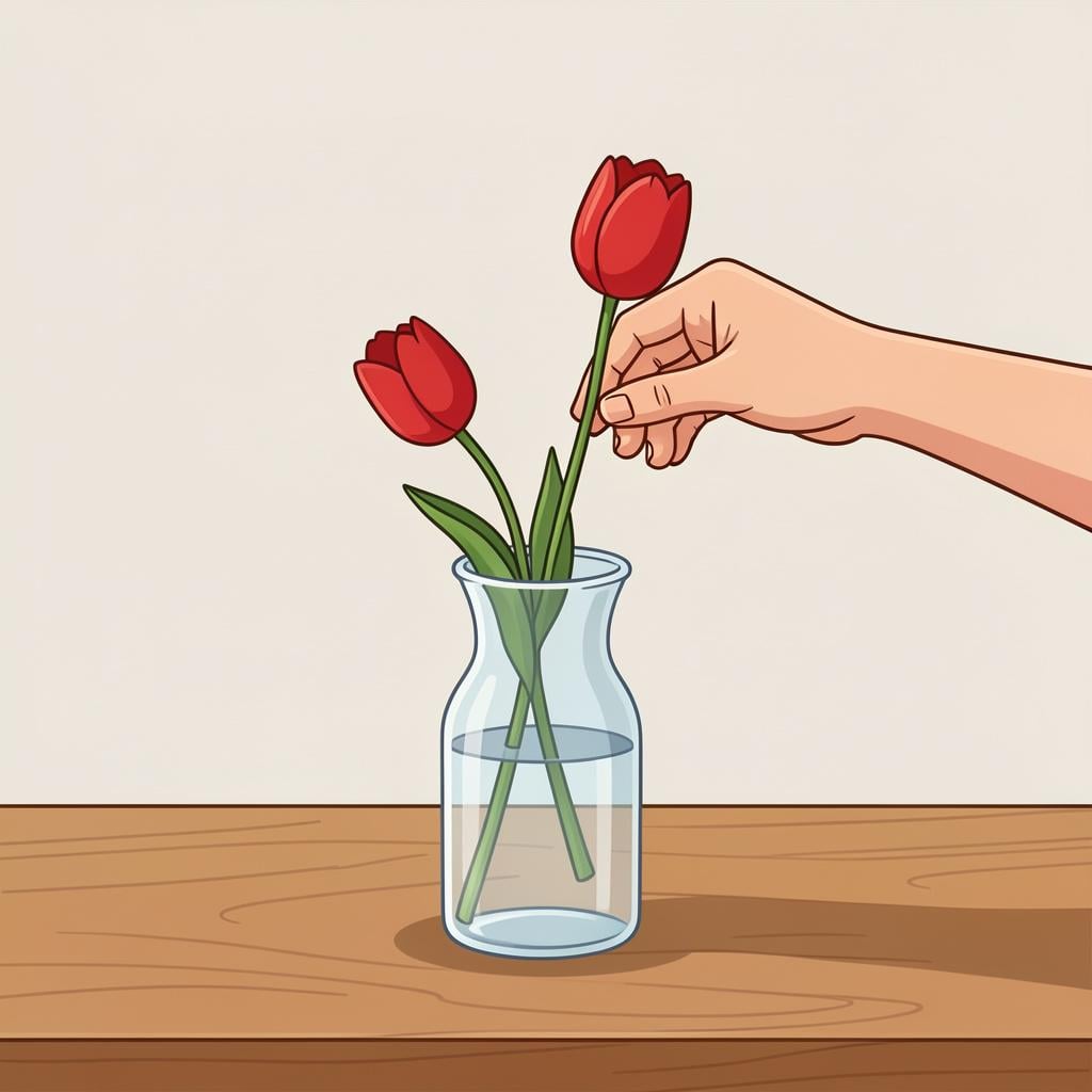 A hand placing a single colorful flower into a glass vase on a wooden table.