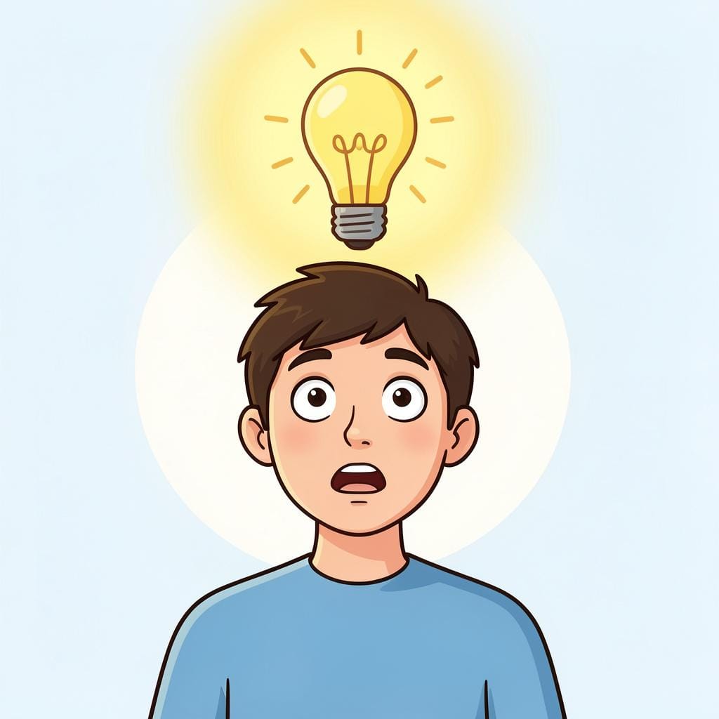 A person with a bright yellow lightbulb appearing above their head, looking surprised and happy.