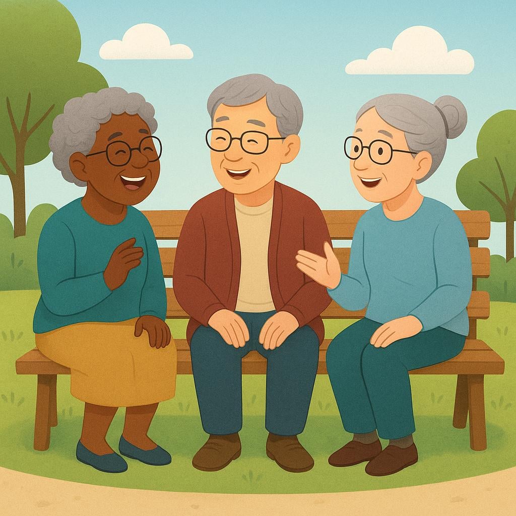 A group of three senior citizens with kind faces sitting together on a park bench, illustrating the concept of elders.