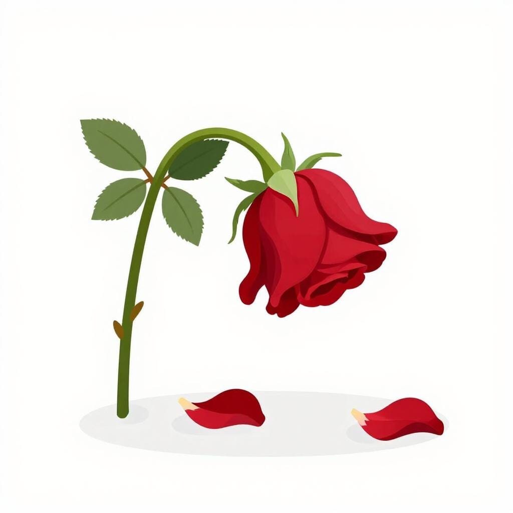 A single wilted flower drooping on its stem with fallen petals on the ground.