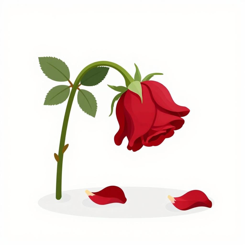 A single wilted flower drooping on its stem with fallen petals on the ground.