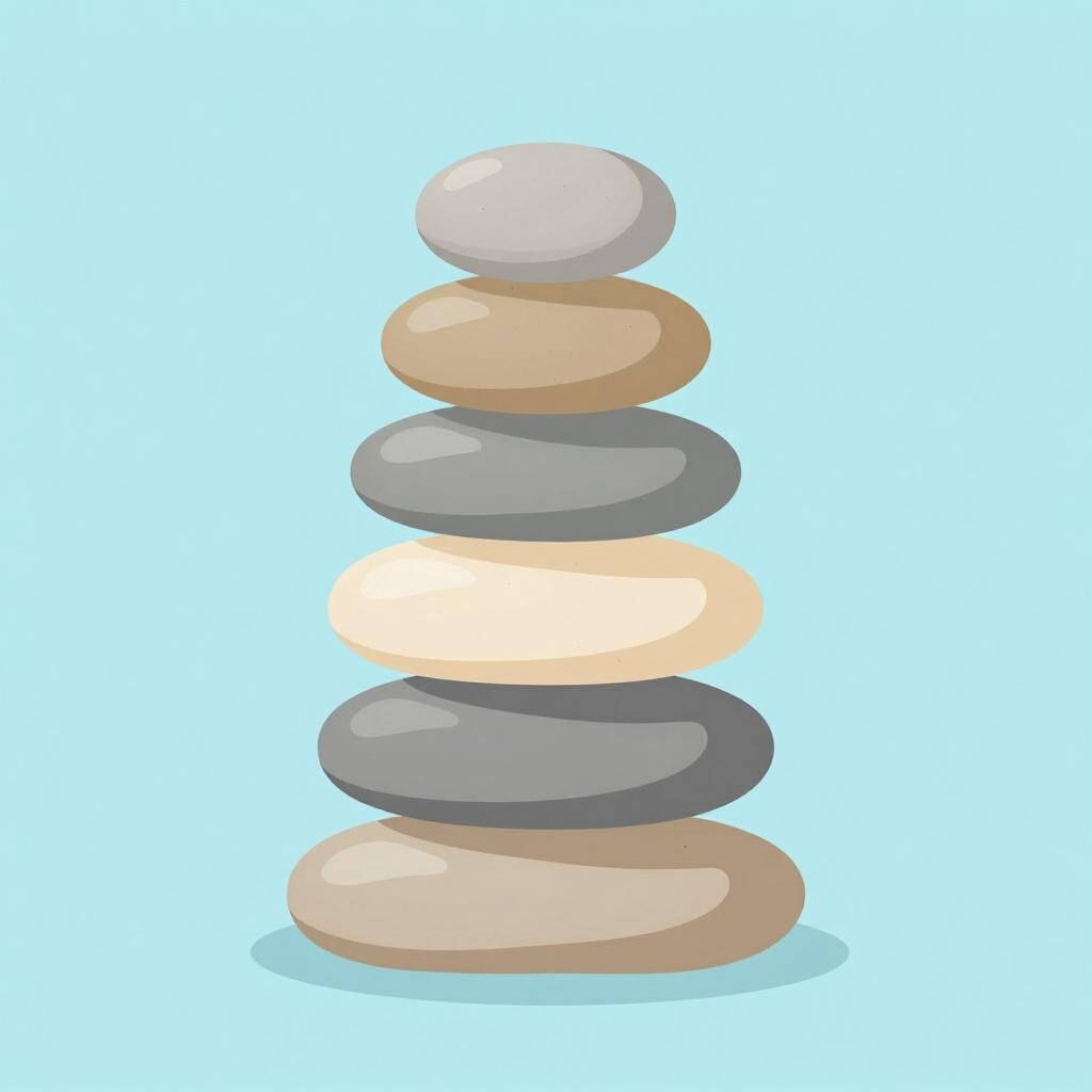 Une pile de pierres de rivière lisses et plates, parfaitement équilibrées les unes sur les autres sur un fond bleu doux.