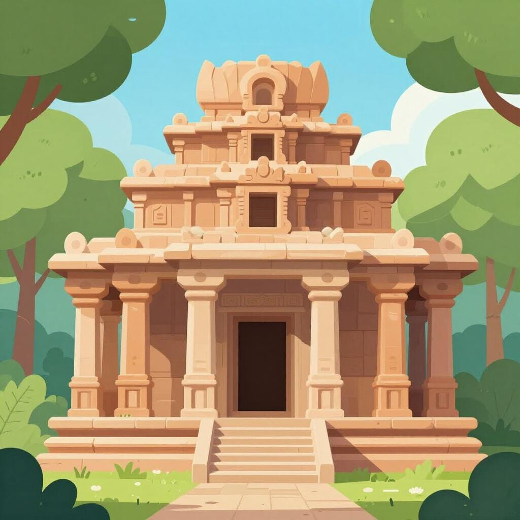 Un antico tempio di pietra con intagli intricati circondato da alberi verdi.