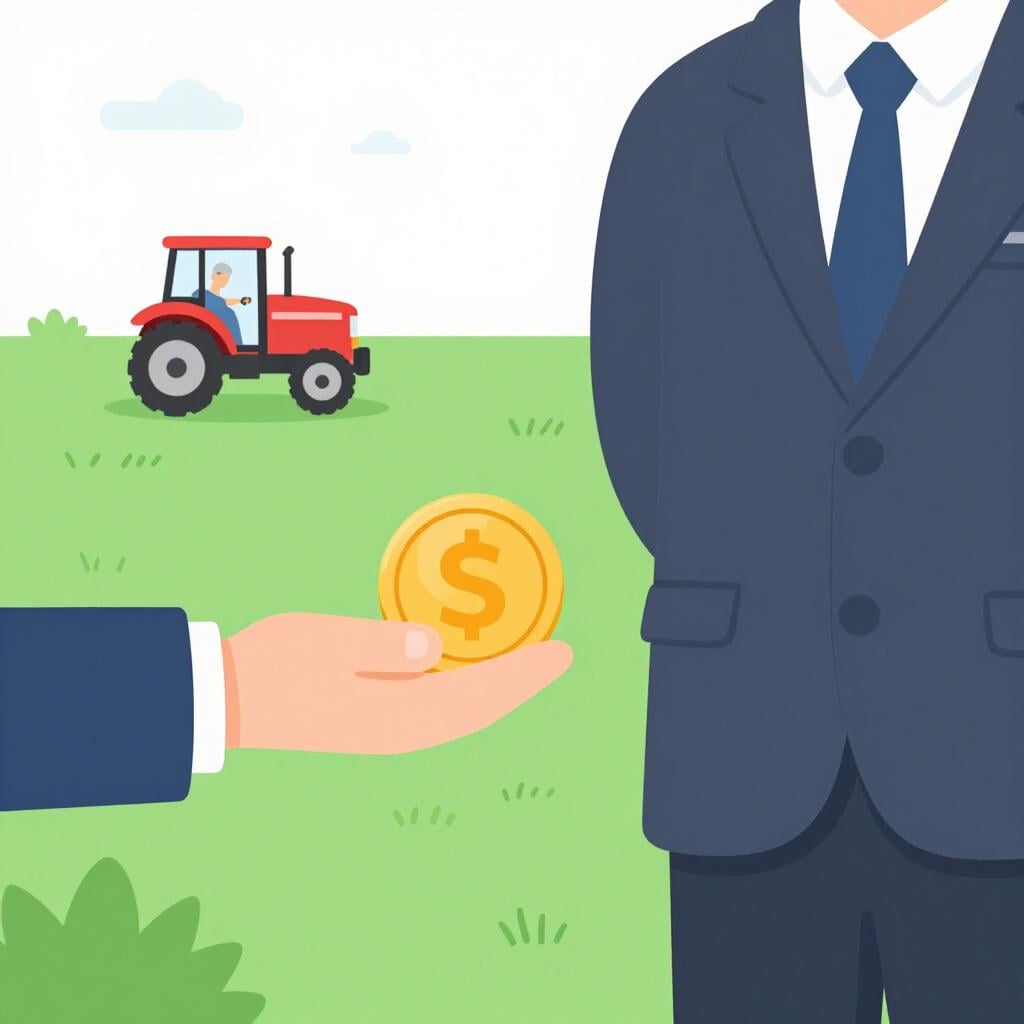A friendly government worker in a suit handing a large, glowing gold coin to a farmer standing next to a small tractor.