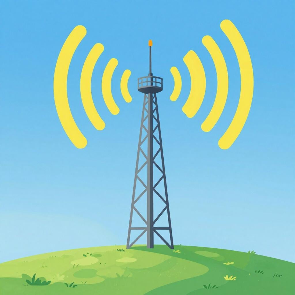 A colorful illustration of a tall radio tower standing on a hill, sending out bright, pulsing signal waves into the sky.