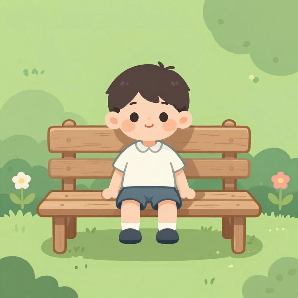 Un petit enfant assis seul sur un banc en bois dans un jardin, l'air pensif.