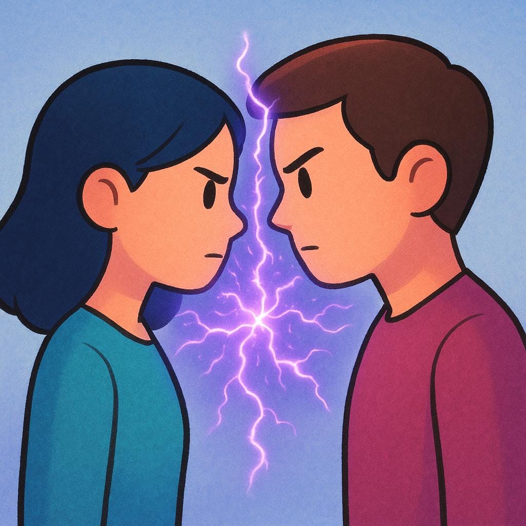 서로 대치하고 있는 두 명의 스타일화된 인물이 있으며, 그들 사이에 보라색 에너지가 번쩍이며 매우 긴장된 분위기를 나타냅니다.