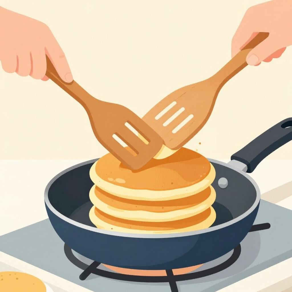A hand using a spatula to flip a pancake in a frying pan.
