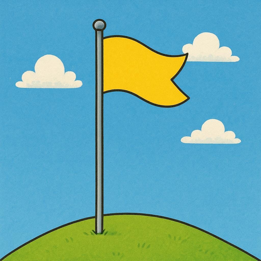 A bright yellow flag hanging stationary, situated at the middle point of a tall, thin flagpole, showing a lowered position.