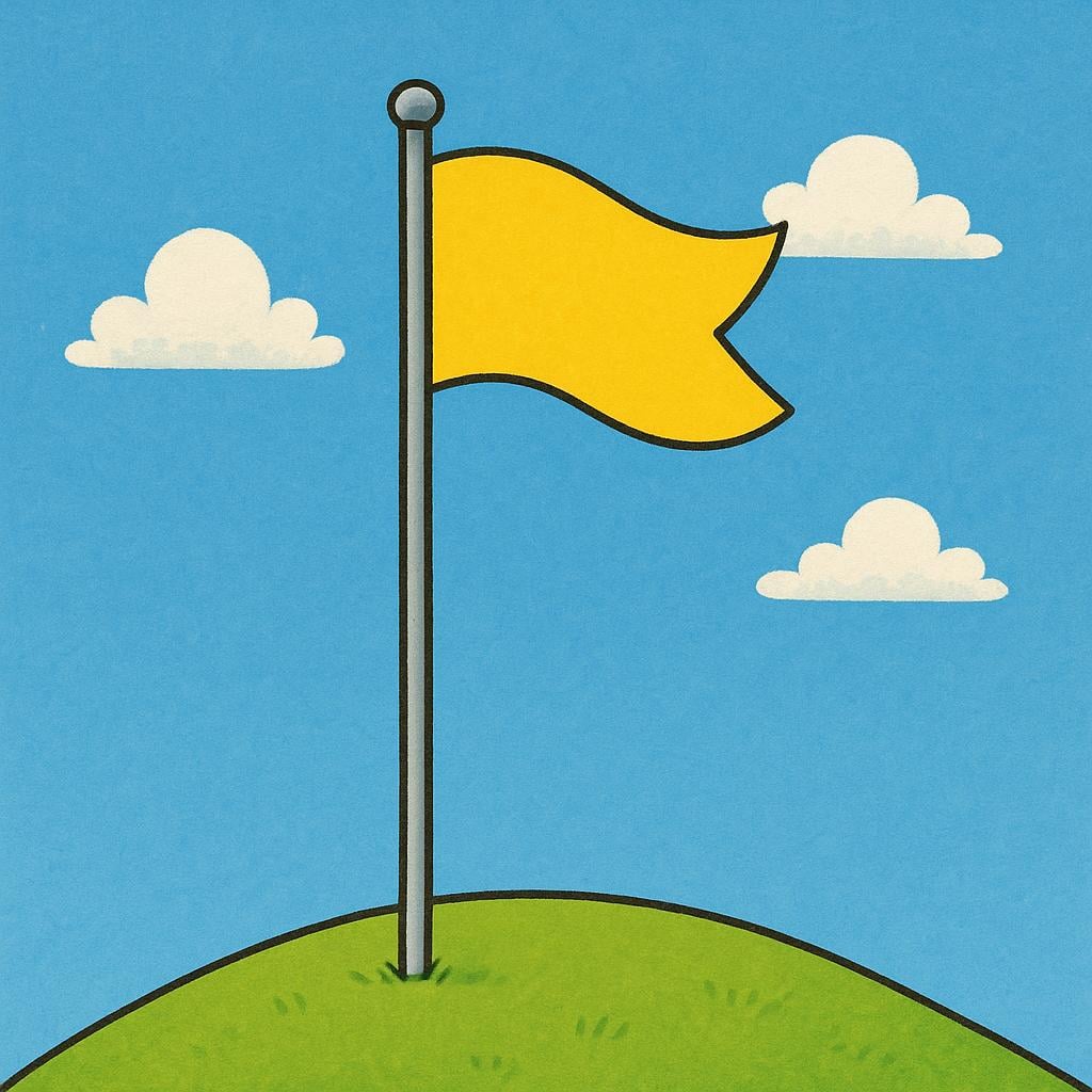 A bright yellow flag hanging stationary, situated at the middle point of a tall, thin flagpole, showing a lowered position.