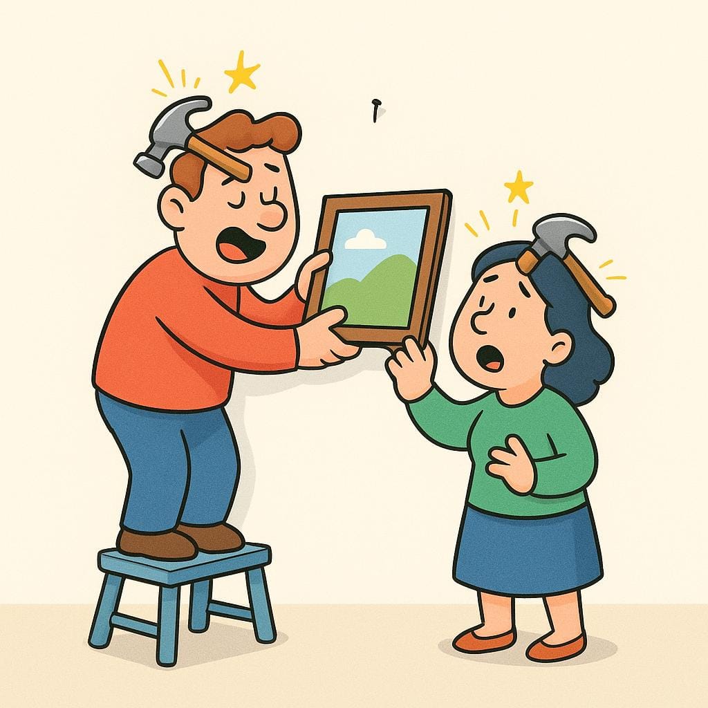 Two cartoon characters acting foolishly, attempting to hammer a nail but hitting themselves instead, illustrating the concept of 'idiots'.