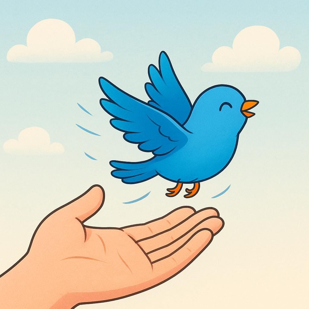 A close-up view of a person's hand opening their fingers to release a small, colorful bird that is flying away.