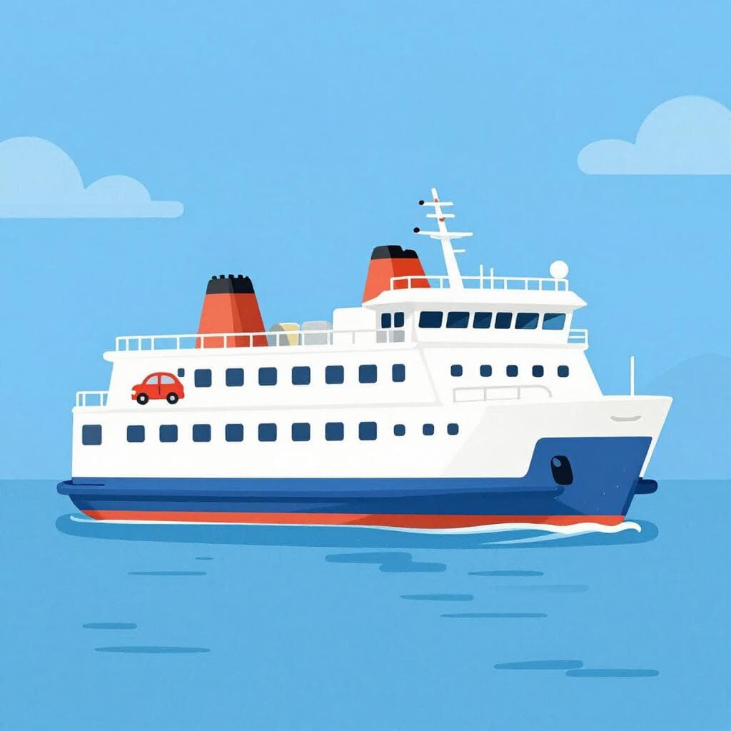 Un grand ferry coloré transportant une petite voiture sur son pont, flottant sur une eau bleue calme.