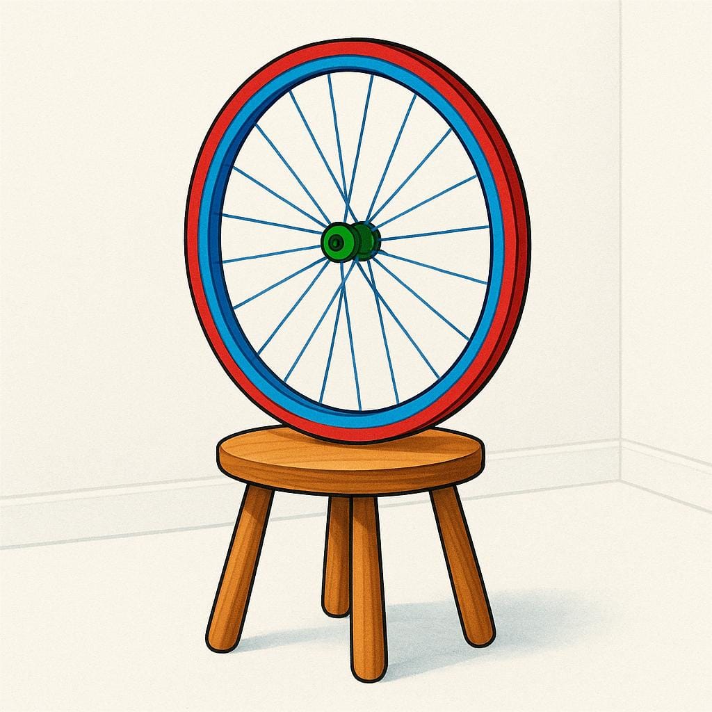 A brightly colored bicycle wheel mounted onto a wooden stool, standing alone in a minimalist white room, representing the Dada art movement.