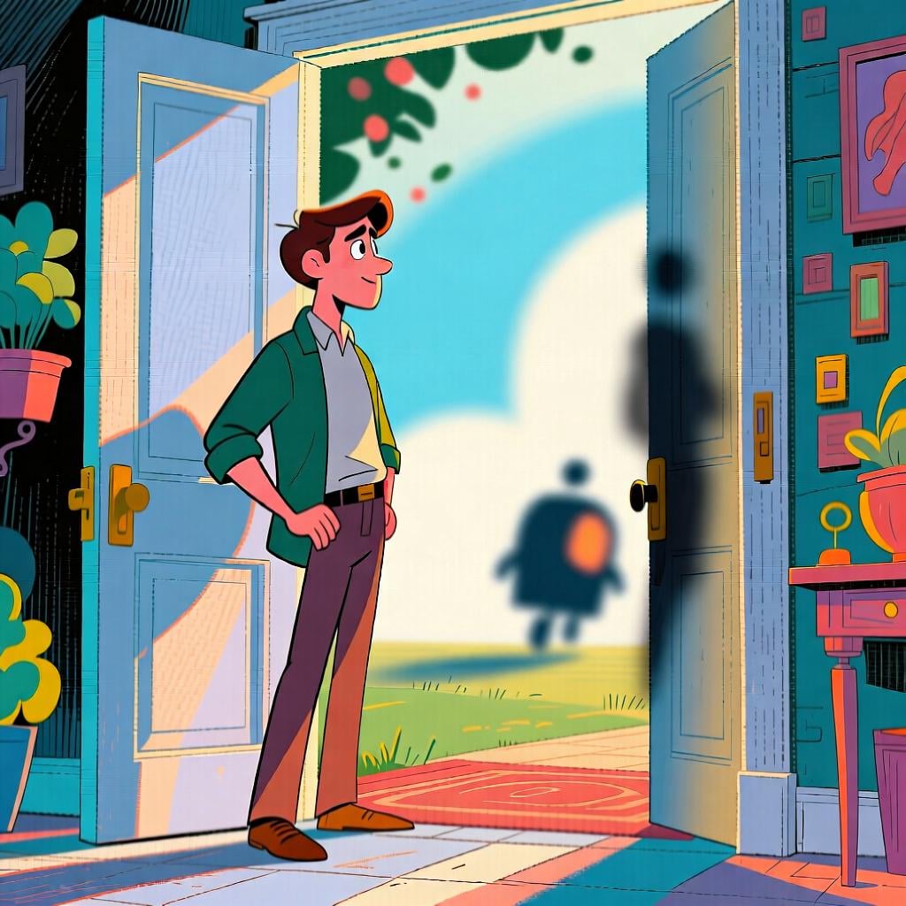 A person standing confidently by a door, ready to receive an expected delivery.