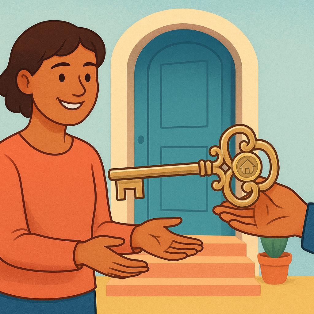 A person with a friendly expression receiving a large, symbolic, golden key from an outstretched hand, signifying legal permission to reside somewhere.