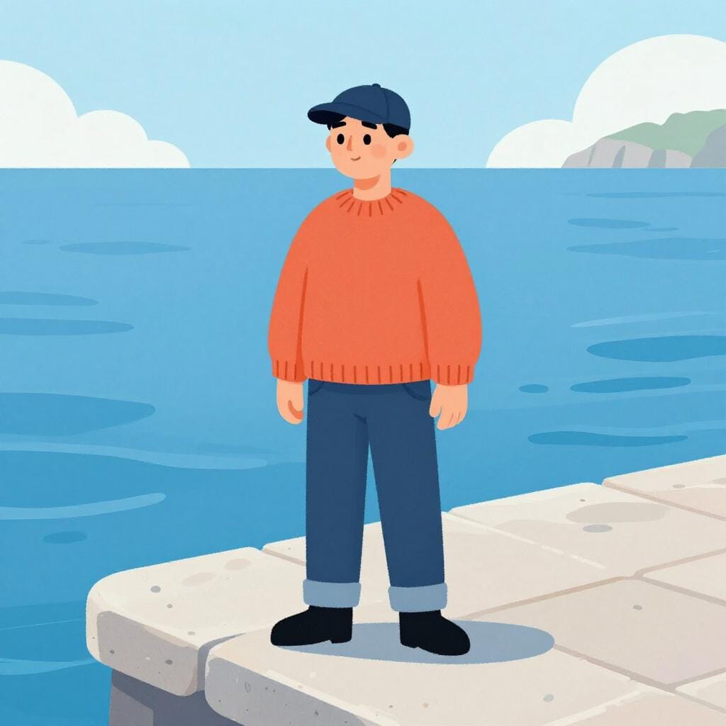 Um homem vestindo um suéter tradicional de pescador e uma boina em pé à beira-mar.