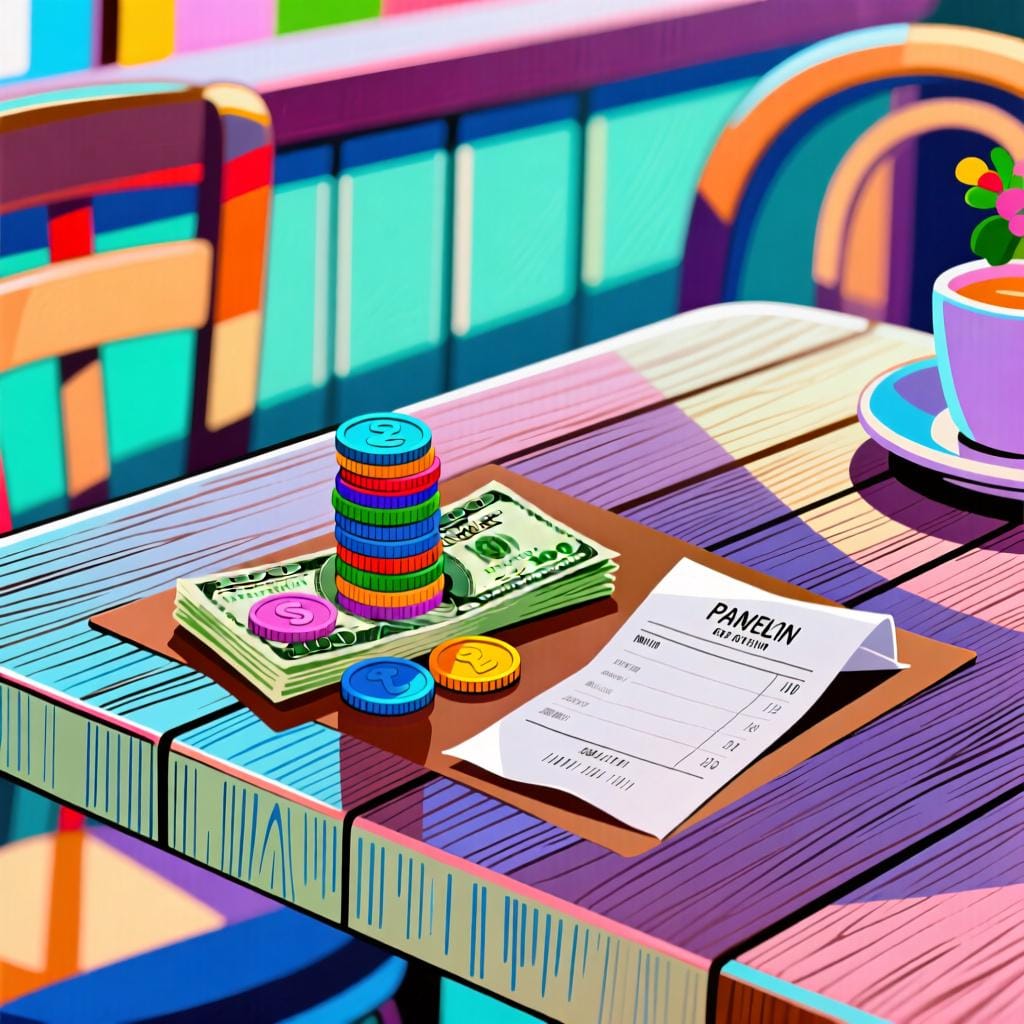 A small stack of coins and paper money next to a folded restaurant bill on a cafe table.