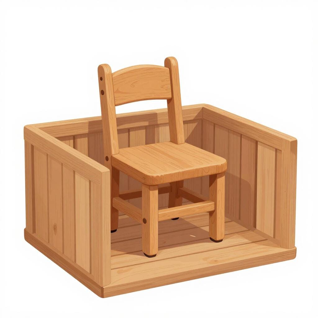 A simple wooden chair positioned alone within a low wooden enclosure in a courtroom setting.