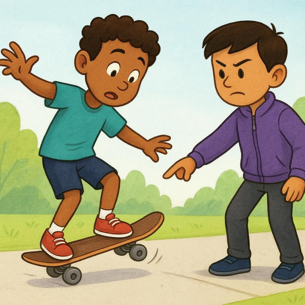 A person is standing on a skateboard that is tipping dangerously. A nearby friend points firmly towards the ground near the skateboarder's feet, signaling an urgent command to regain stability.