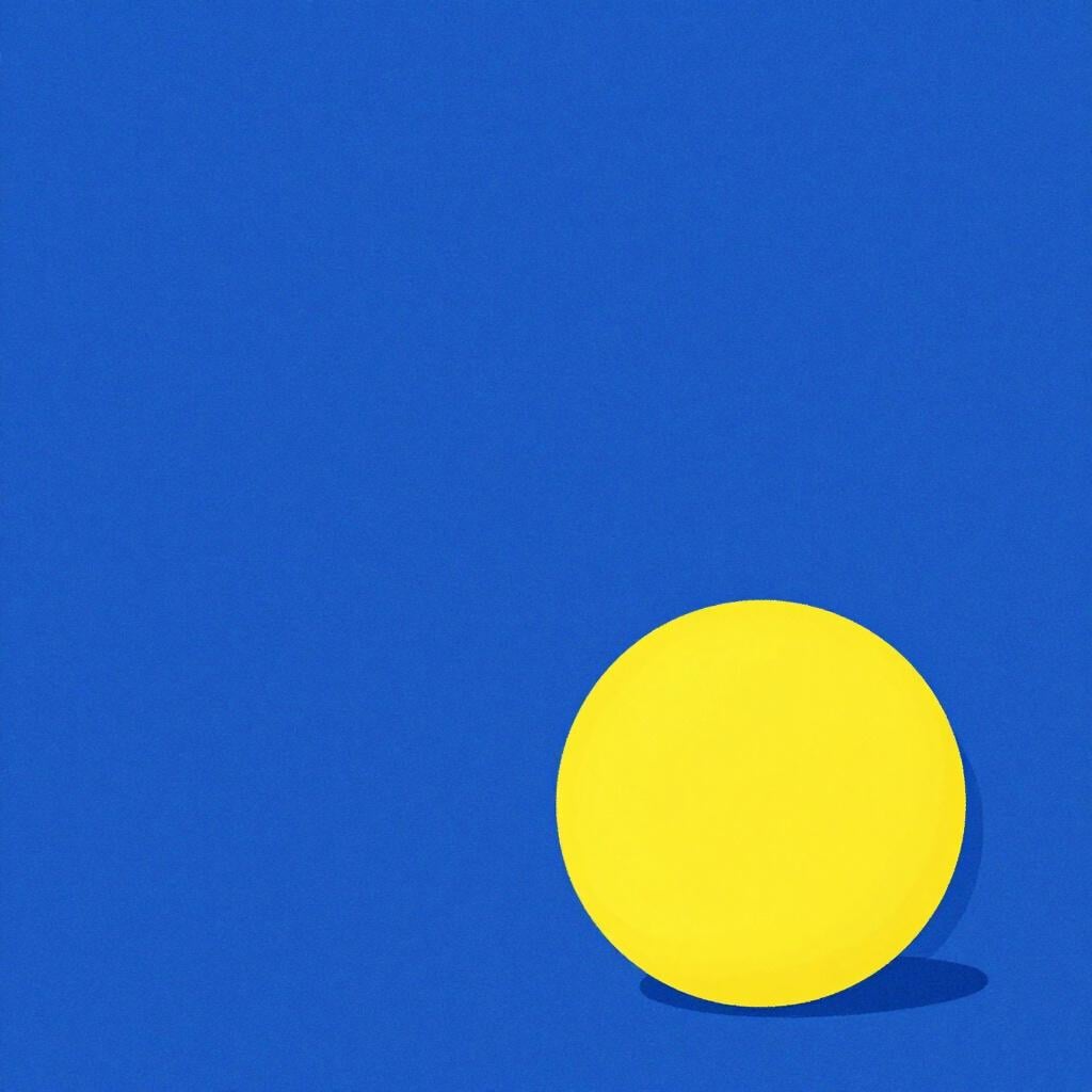 Um círculo amarelo brilhante colocado perto da borda de um grande quadrado azul, longe do centro.