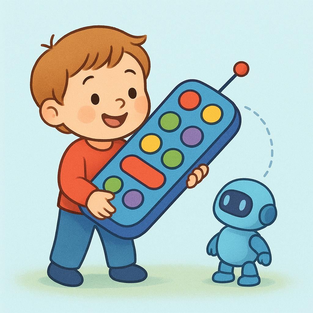 A child is holding a large, colorful remote control and directing a small, friendly robot that is moving exactly where the child points. This illustrates the subject controls the object.