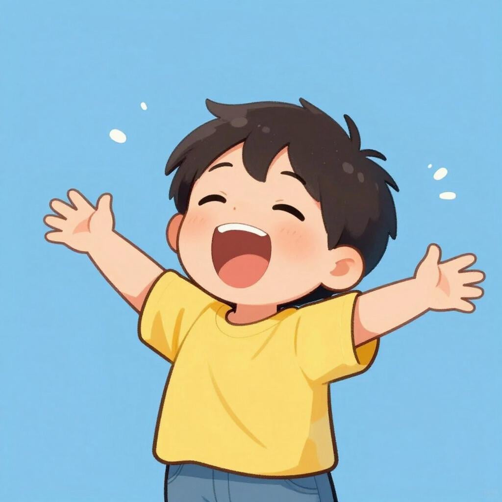 A child singing with their eyes closed and arms wide open, showing great passion and energy.