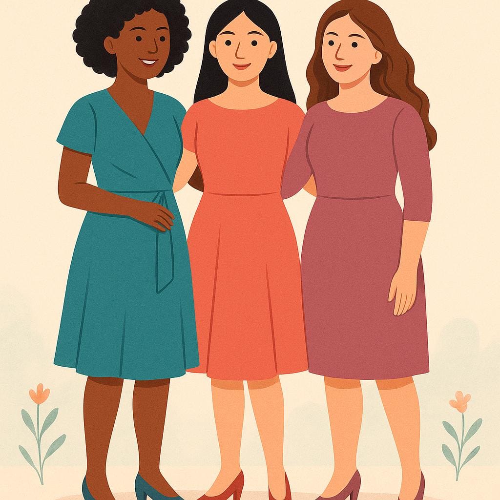 Three elegantly dressed women standing together, smiling.