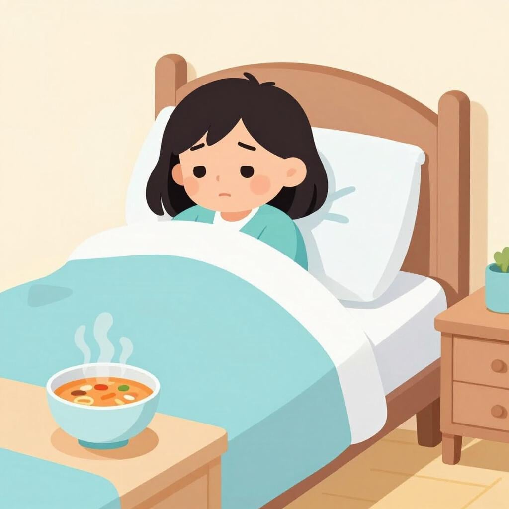 A person resting in bed with a bowl of soup nearby.