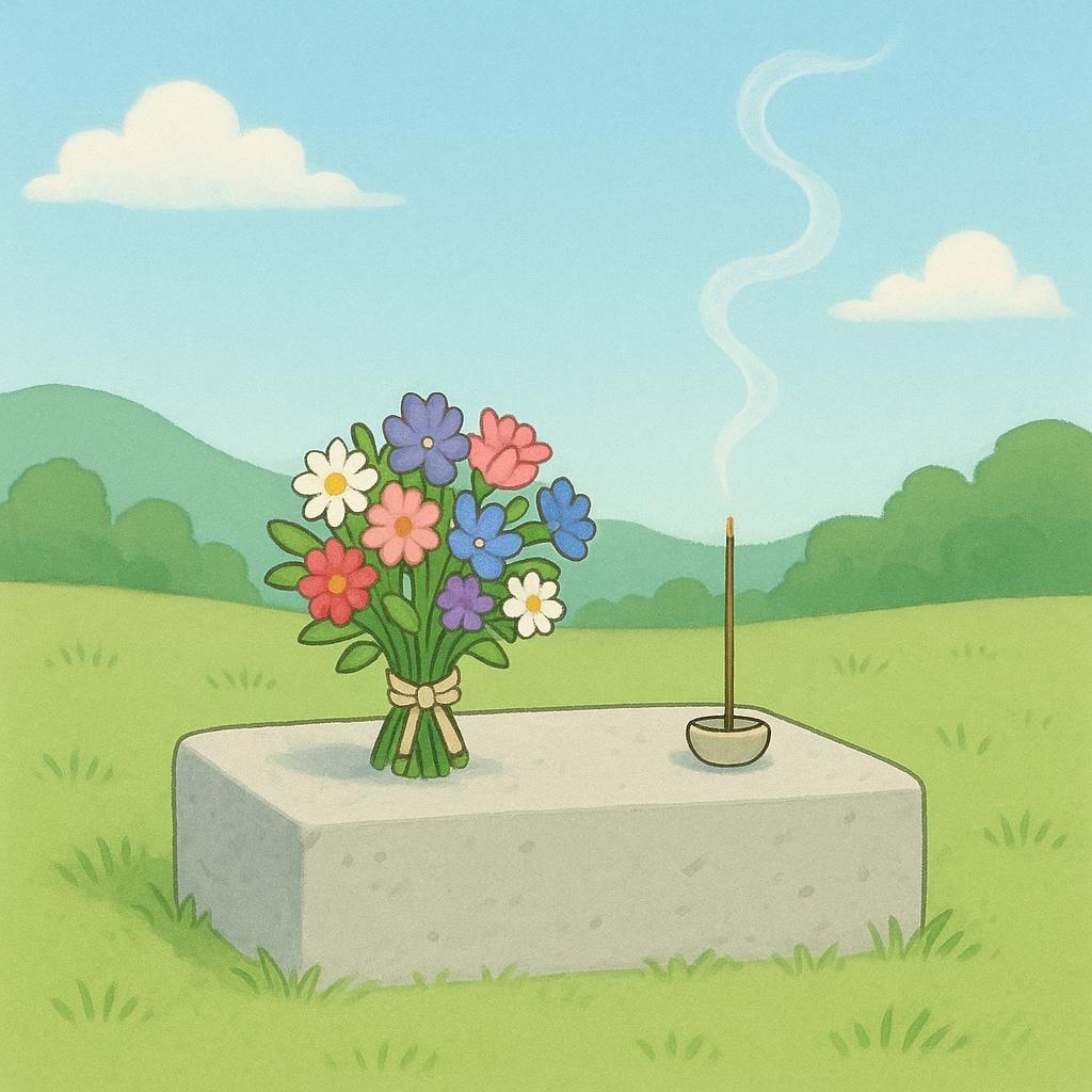 A colorful storybook illustration depicting a small, simple stone altar set in a tranquil outdoor location, adorned with a bouquet of fresh flowers and a small wisp of smoke rising from burning incense.