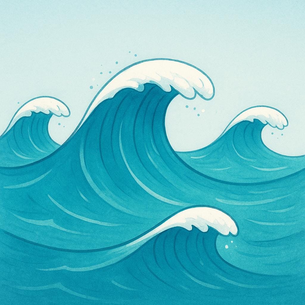 A close-up view of three distinct, gentle blue ocean waves rolling toward the viewer near a shore.