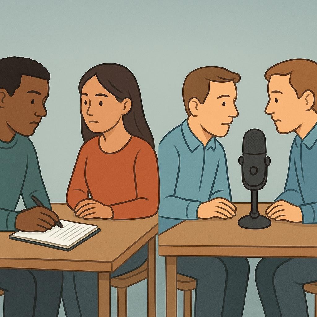 Two separate scenes of people conducting formal meetings or conversations. In one scene, two people sit across a desk. In the second scene, a reporter holds a microphone interviewing a person.
