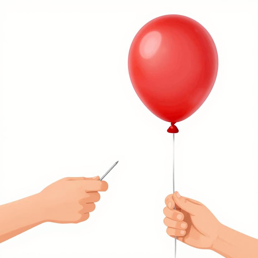 A hand holding a small needle touching a bright red balloon.