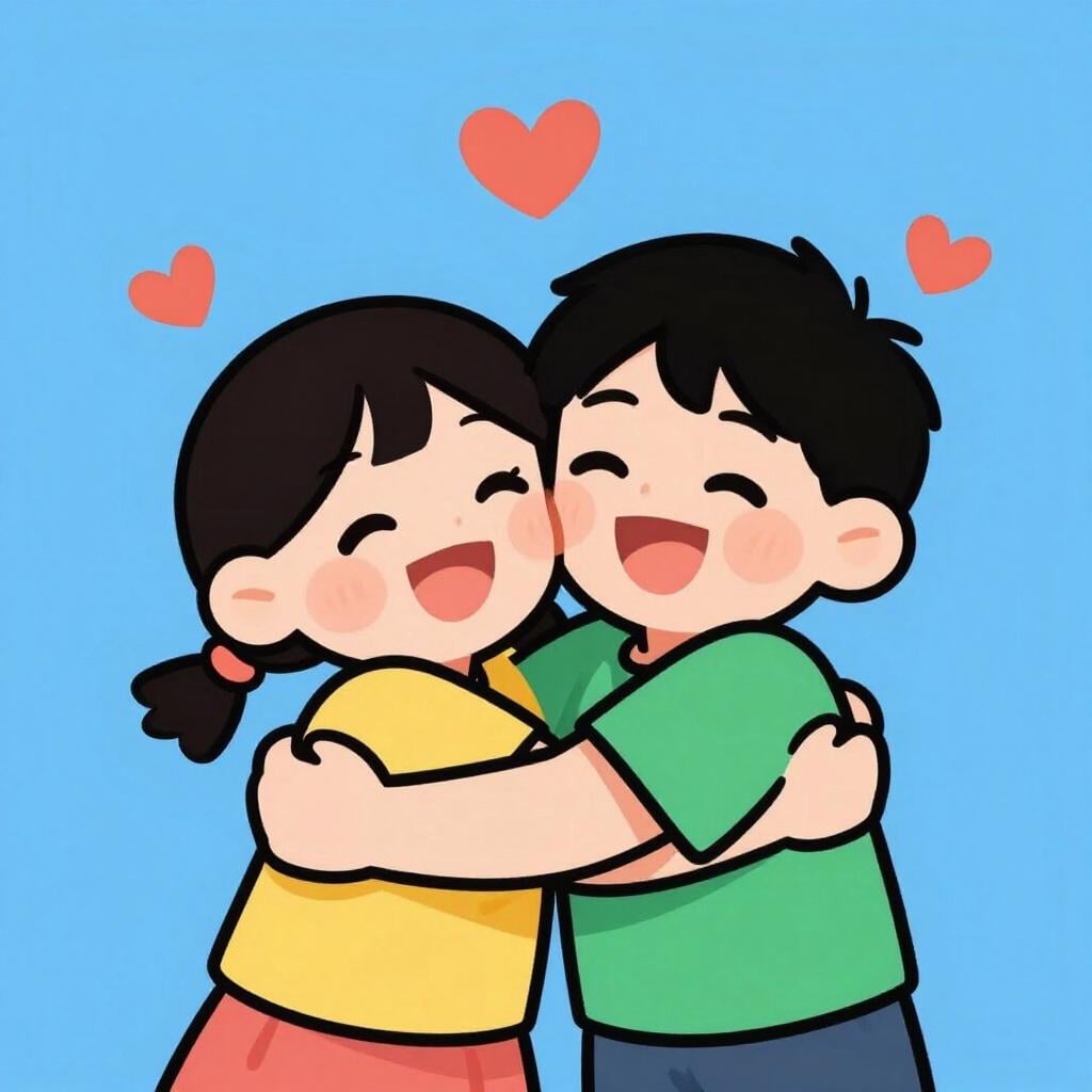 Two friends sharing a big, warm hug with happy expressions.