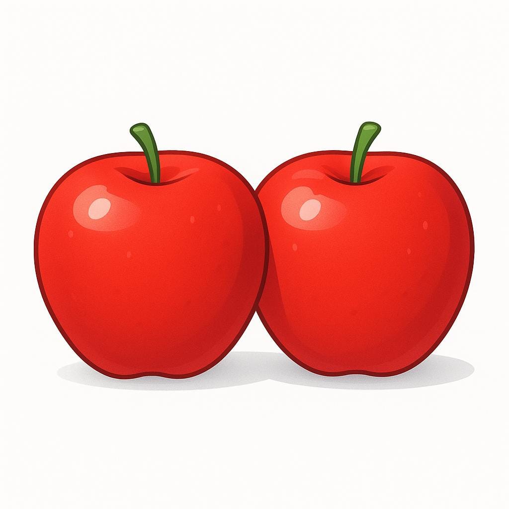 Two identical, bright red, shiny apples placed next to each other on a simple surface.