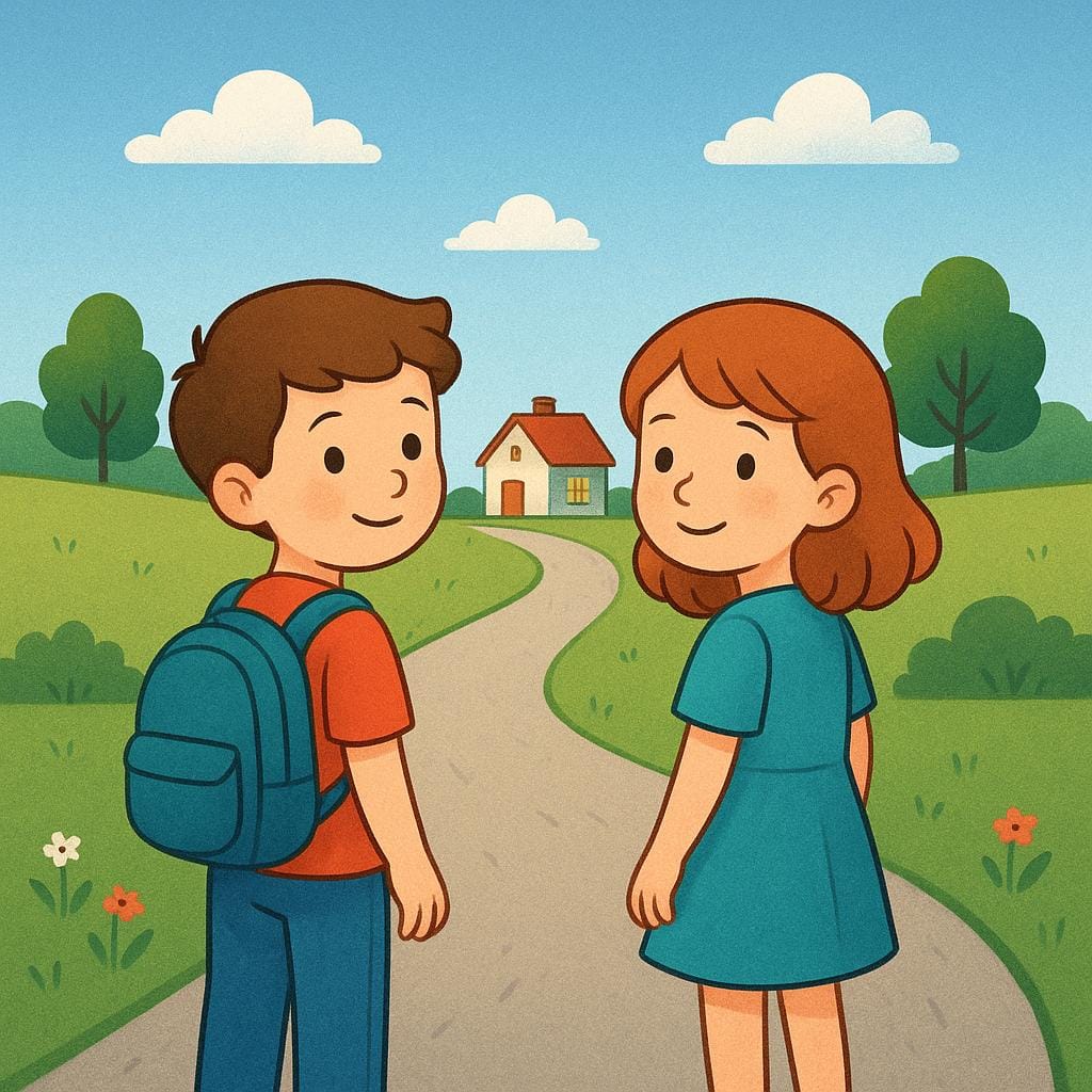 Two friendly children standing on a path, looking over their shoulders with wistful expressions at a cozy house visible in the distance behind them, indicating a desire to return.