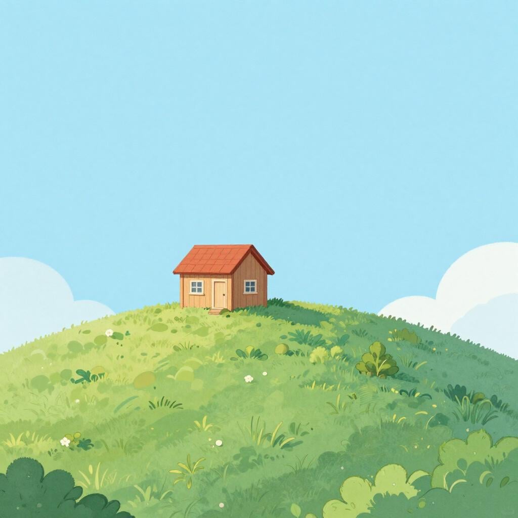 Une petite cabane seule sur une colline herbeuse sous un vaste ciel.