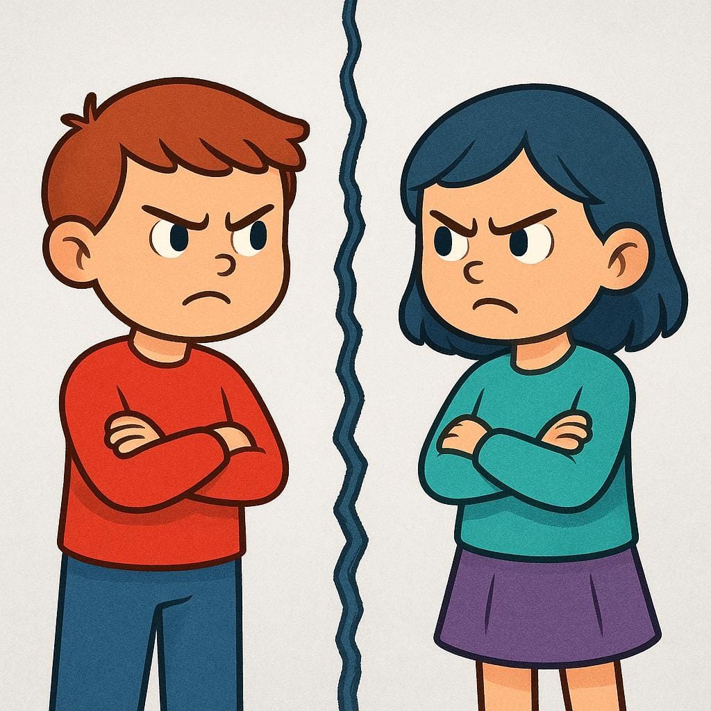 Eine Bilderbuchillustration, die zwei Zeichentrickfiguren zeigt, die weit voneinander entfernt stehen, getrennt durch eine gezackte Linie, und die beide wütend und feindselig aufeinander blicken.