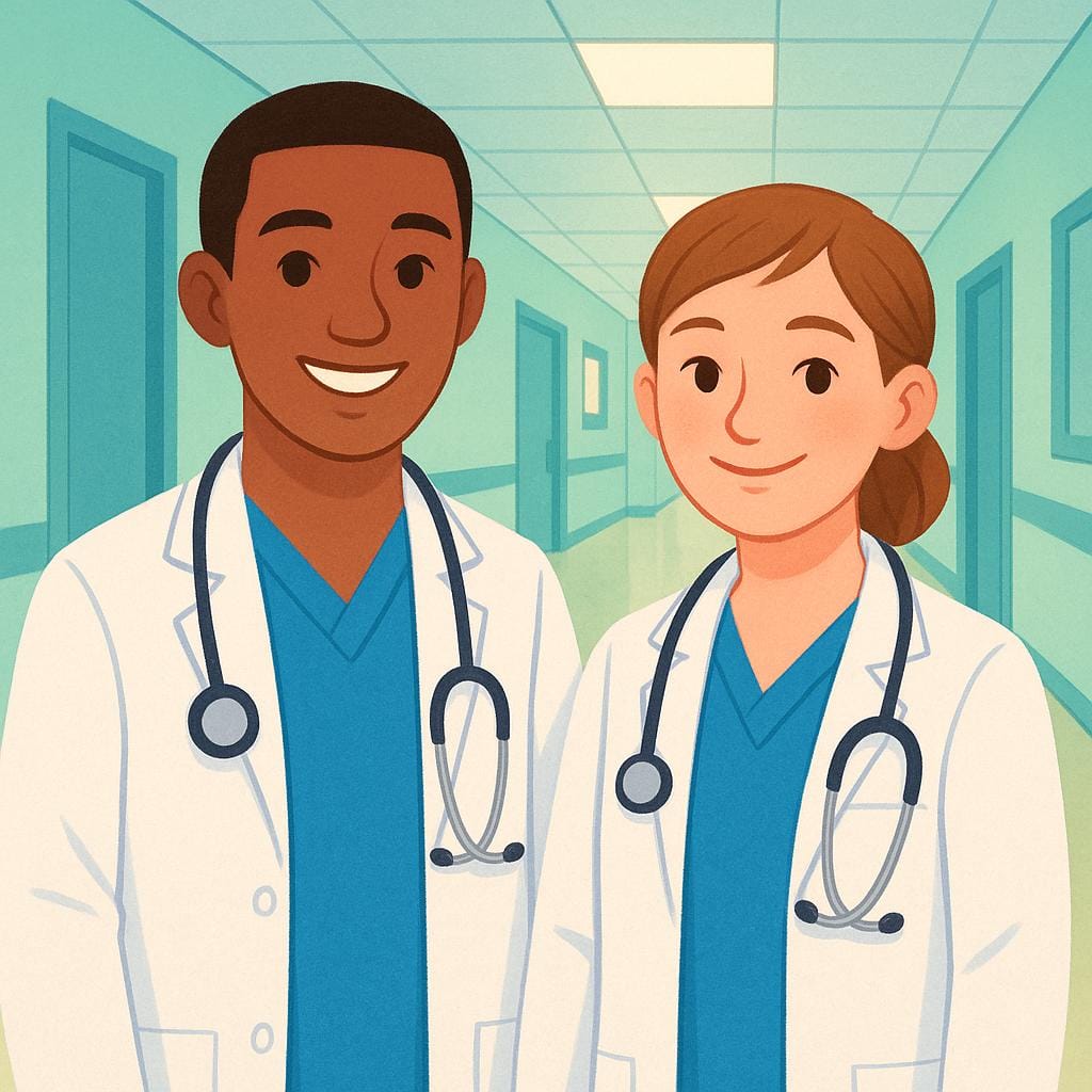 Twee jongvolwassenen, een man en een vrouw, gekleed in lichtblauwe scrubs en witte labjassen, staan naast elkaar in een schone, helder verlichte ziekenhuisgang.