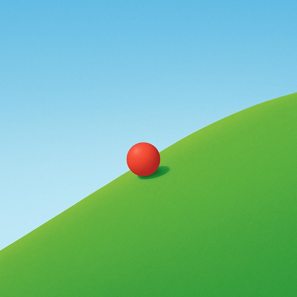 A simplistic landscape illustration showing a smooth, steep green hill with a clear upward incline, representing a slope.