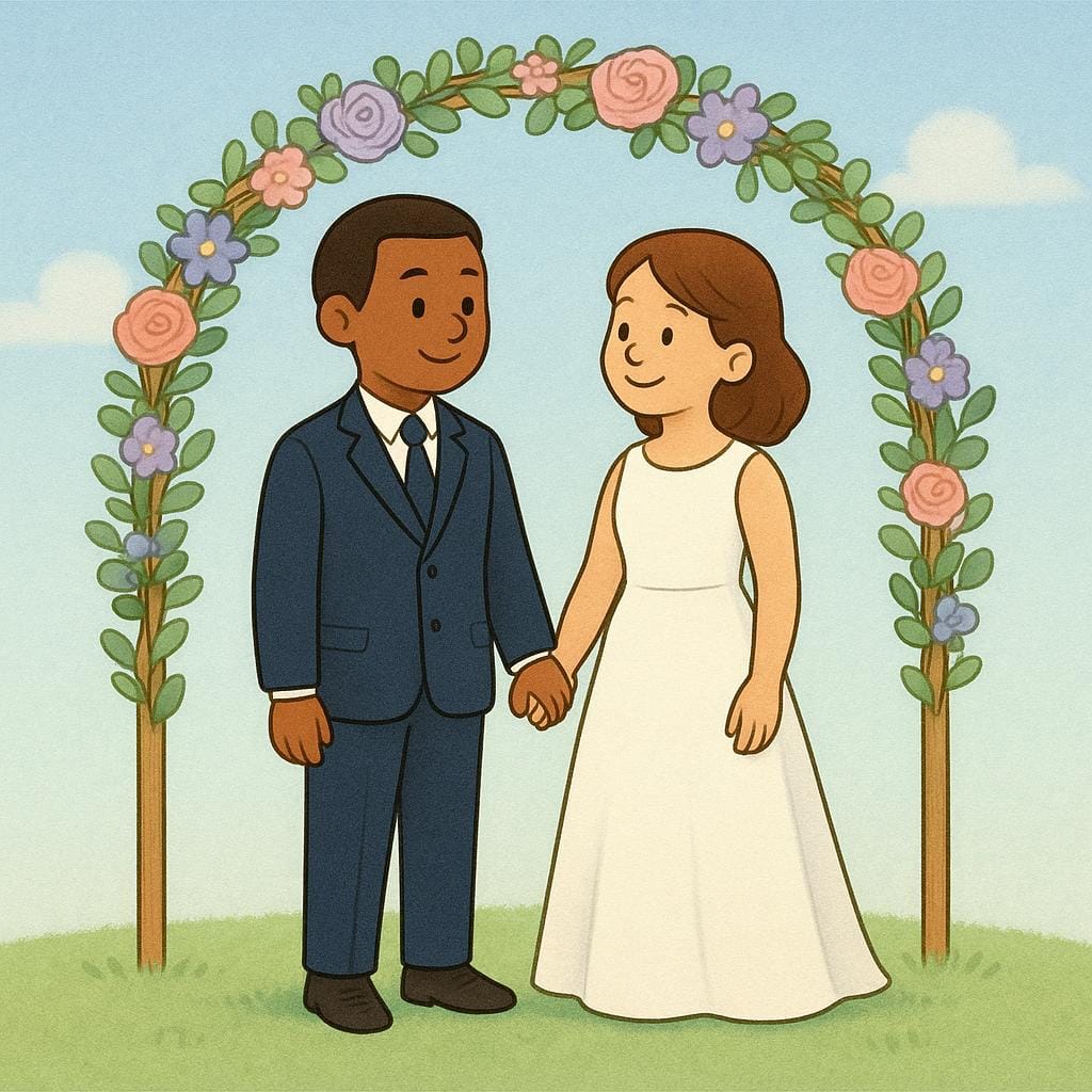 Eine einfache, farbenfrohe Bilderbuchillustration, die eine Hochzeitszeremonie darstellt. Zwei Figuren, eine in einem Anzug und eine in einem weißen Kleid, stehen zusammen und halten sich unter einem Blumenbogen die Hände.