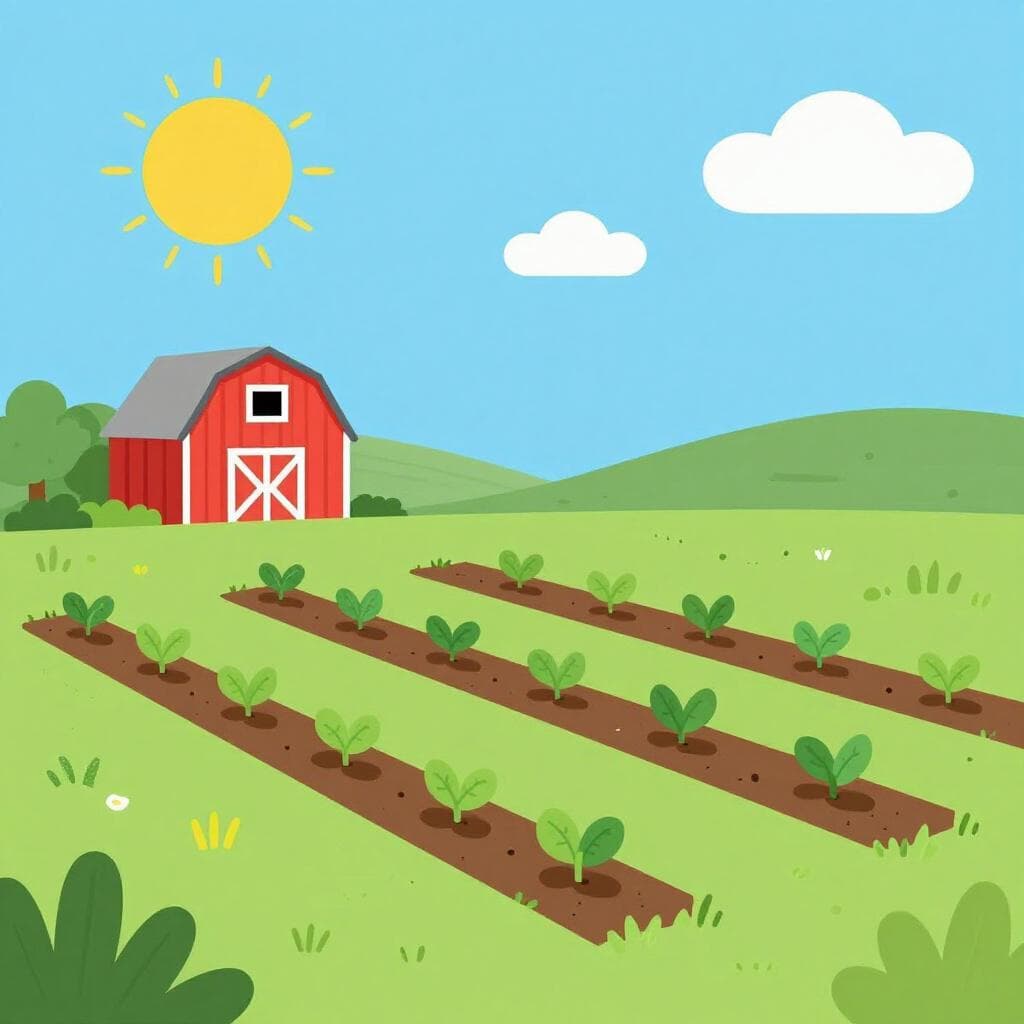 Un champ luxuriant de cultures vertes poussant en rangées ordonnées sous un soleil éclatant avec une petite grange rouge au loin.