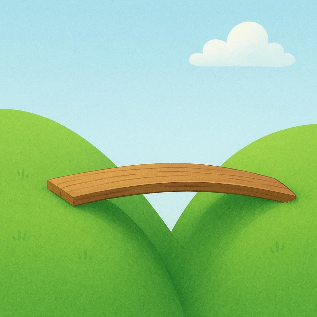 A wooden plank laid across a small gap between two grassy hills, serving as a means to cross.