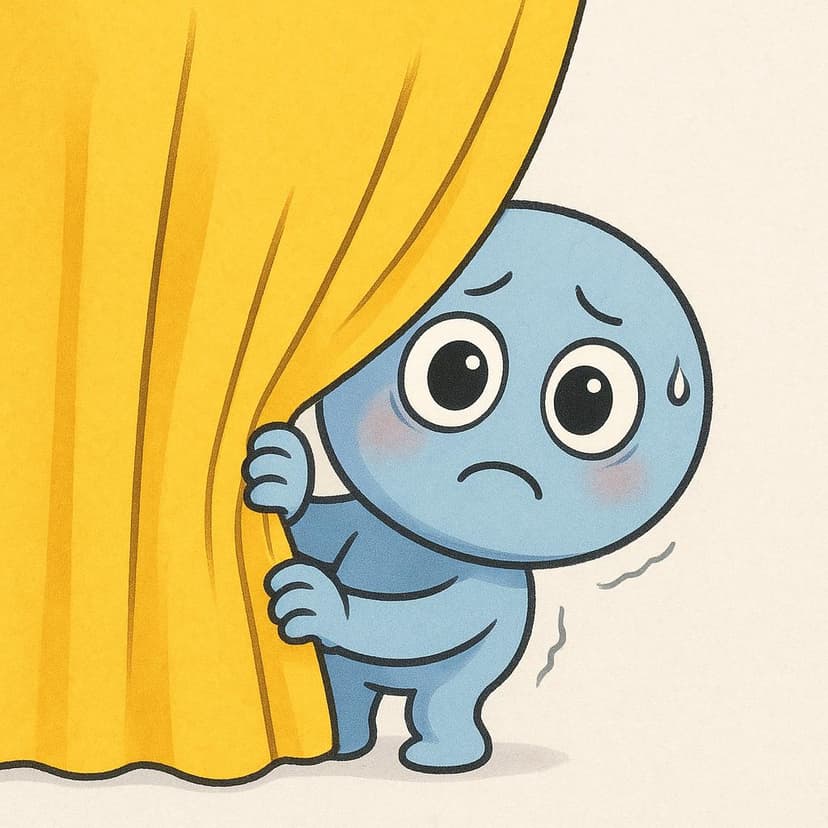 A small, round character, visibly trembling and hugging itself, hiding partially behind a bright yellow curtain with a worried and fearful expression.