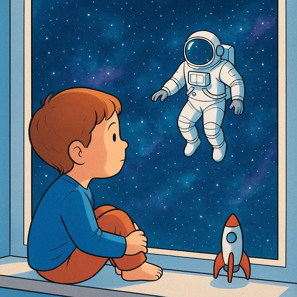 A child looking longingly out a window where a detailed astronaut is floating in a starry night sky, symbolizing an unlikely wish.