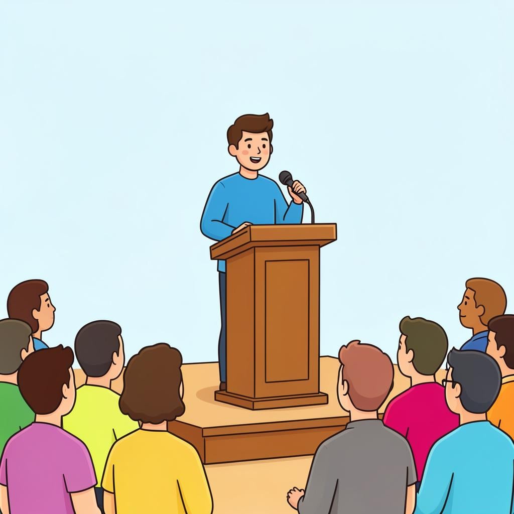 A friendly person standing at a podium speaking to a crowd, representing a group of people.
