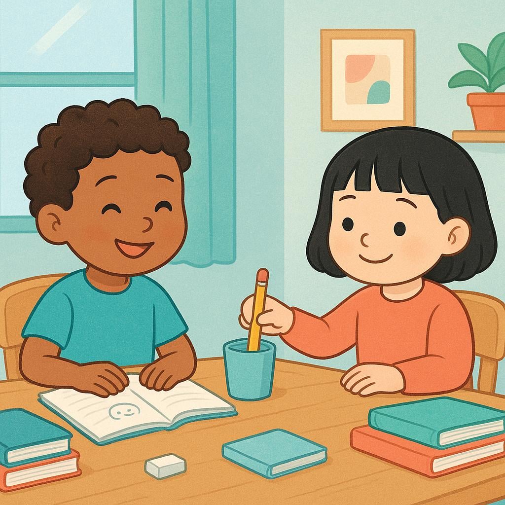 Two children sitting at a wooden table in a bright room, smiling and putting away their school supplies, having completed their homework.