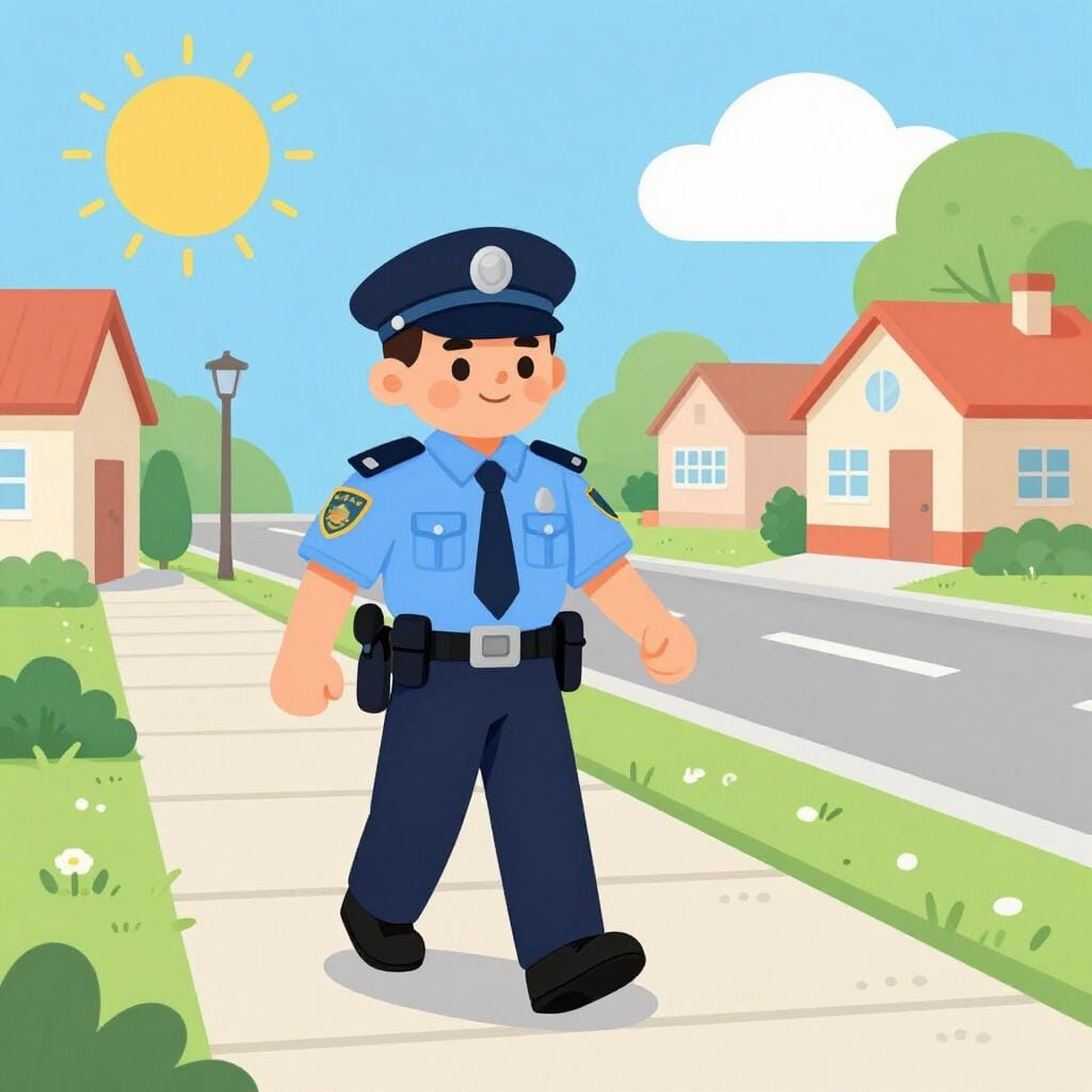 Um policial amigável em uniforme azul andando em uma calçada pacífica de bairro com um cachorrinho.